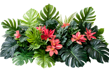 Lush green foliage and tropical red flowers create a vibrant botanical arrangement
