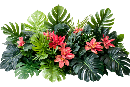 Lush green foliage and tropical red flowers create a vibrant botanical arrangement