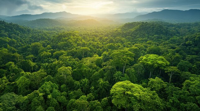 Aerial View of Lush Rainforest Canopy at Sunset