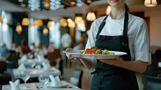 close-up of a waitress carrying a dish. Selective focus