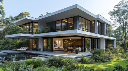 Fototapeta premium Modern house with white facade and large windows surrounded by greenery