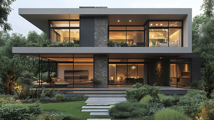 Fototapeta premium Modern duplex house with minimalist architecture and large windows