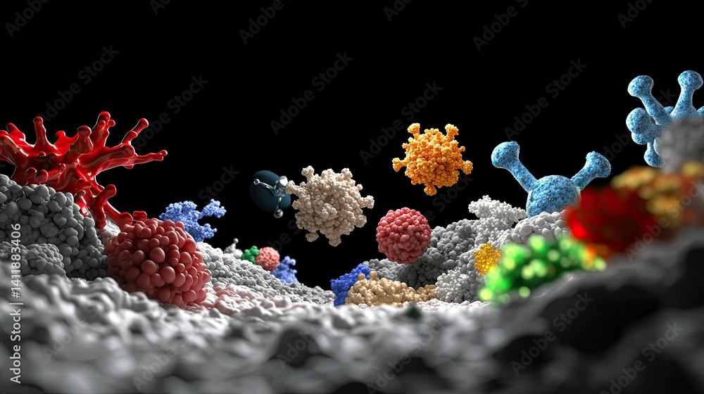 Poster close-up view of colorful viruses and bacteria in microscopic environment