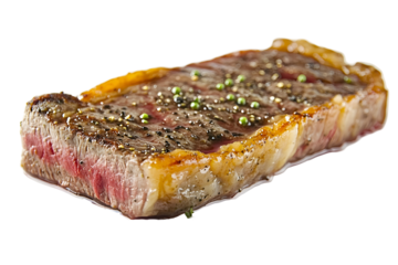 Delicious, cooked beef steak, well seasoned, with a golden-brown crust and juicy red center, perfect for any meal