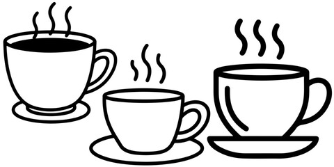 Three cups of coffee are steaming. Black and white vector line art graphics.