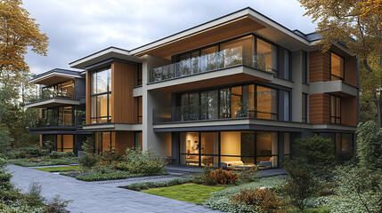Modern residential building with sleek lines and large windows in serene setting
