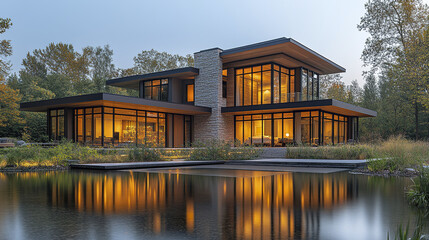 Obraz premium Modern residential building with sleek lines and large windows by tranquil pond