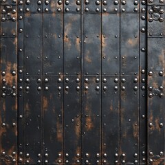 Fototapeta premium Rustic Black Metal Door with Rivets and Weathered Texture Design