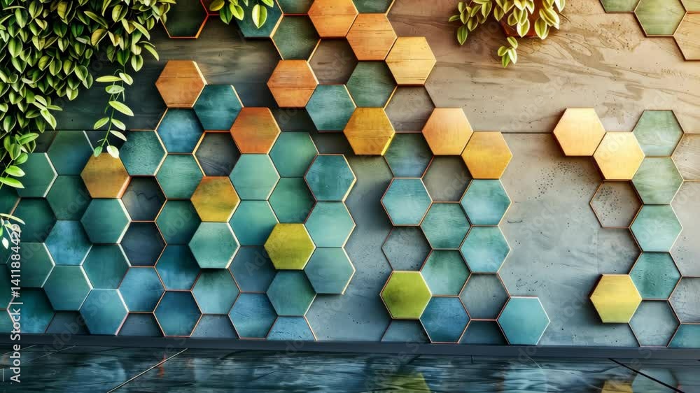 Poster explore a creative wall adorned with colorful hexagons and greenery, adding a modern touch to the in