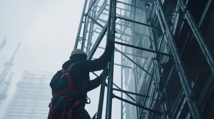 Fototapeta premium A construction worker securing scaffolding at a work site. Featuring teamwork and safety