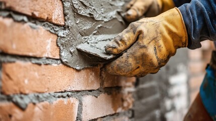 Bricklayer applying mortar with a trowel at a residential project. Featuring craftsmanship and technique