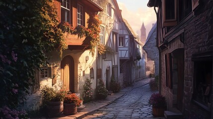 Fototapeta premium Enchanting Alleyway in a Quaint European Village at Sunset capturing the essence of old-world charm and timeless beauty