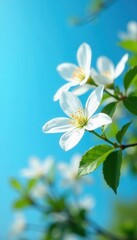 Obraz premium Delicate white jasmine blossoms against a vibrant blue sky , stock, pure