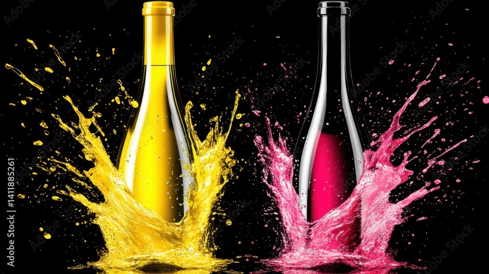 Poster two bottles of champagne with splashes captured in motion creating a festive and celebratory scene