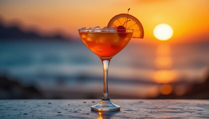 Sunset Ocean Cocktail Orange Drink with Cherry Garnish