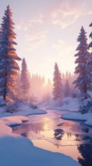 Serene Winter Wonderland: A snow covered river reflecting a magical sunset amongst snow laden pine trees.