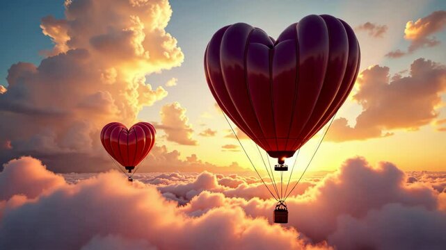 Heart shaped hot air balloons flying above clouds at sunset, romantic sky adventure video