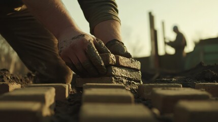 Bricklayer laying bricks on a construction site. Featuring precision and durability