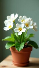 Fototapeta premium Delicate white primrose blossoms in a terracotta pot, natural, pot