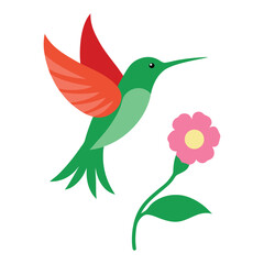 Tiny Hummingbird Drinking Nectar from Colorful Flower Garden Vector Art  