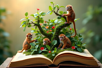 Captivating tale unfolds as endearing monkeys frolic amidst lush greenery and vibrant blossoms atop an ancient book, evoking a sense of wonder and enchantment