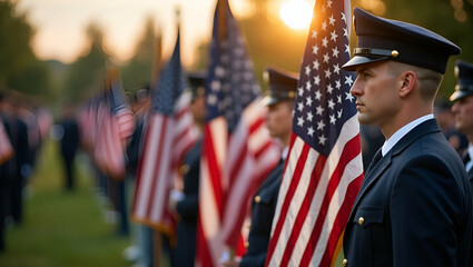 Solemn Memorial Day Photography: Dignified Ceremonies, Reflective Expressions, Patriotic Displays - High Resolution Imagery in Refined Style with Left Space