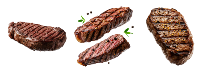 Set of Grilled beef steak with black pepper seasoning isolated on white transparent background. Concept of steakhouse cuisine and cooked meat
