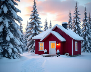 Fototapeta premium Charming Winter Cabin, A Rustic Red House Nestled in a Snowy Forest Landscape under a Pastel Sunset Sky showcasing Peaceful Holiday Scenery and Serene Atmosphere