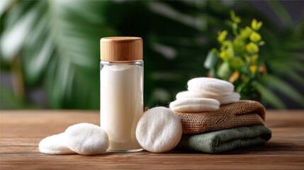 Foaming facial cleanser and with eco pads on wooden background, top view