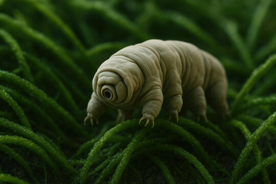 Water Bear in Green Moss: Explore the mesmerizing detail of a microscopic water bear, a tiny marvel of resilience, traversing a vibrant landscape of textured green moss.