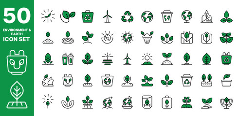 50 Green Environment Icons: Eco & Sustainability Color Line Icons, Nature, Recycling, Renewable Energy Vector Set