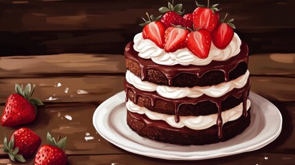 Delicious Chocolate Cake with Fresh Strawberries and Whipped Cream