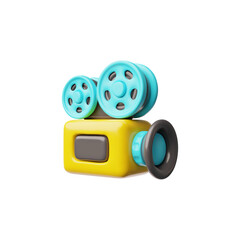 Video camera with films 3D plastic cartoon vector icon, film recorder professional equipment, movie cinema industry