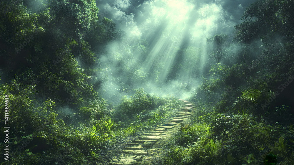 Poster moody and mystical jungle path with sunlight filtering through trees
