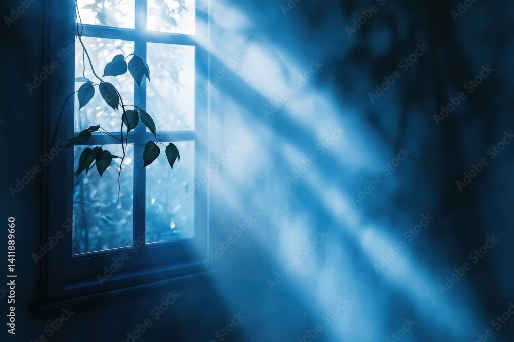 Poster soft blue light streams through a window with leaves gently swaying in the breeze