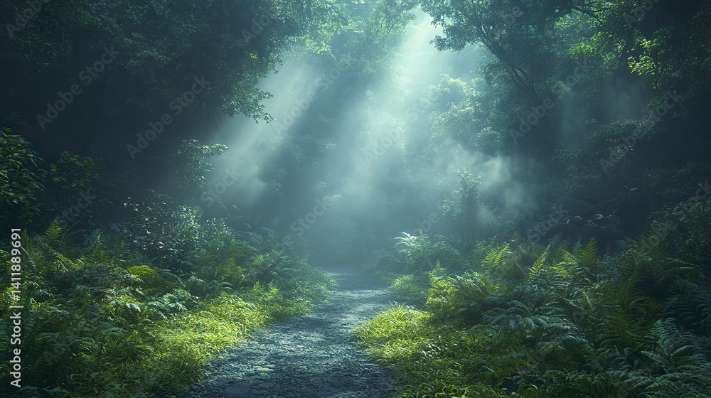 Poster moody and mystical jungle path with sunlight filtering through trees