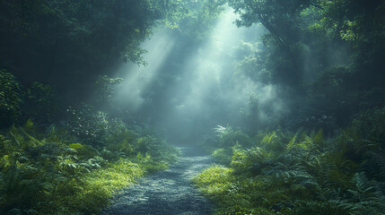 Moody and mystical jungle path with sunlight filtering through trees