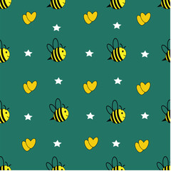 Bee seamless pattern, cute kids design, Kawaii anime smiling bees with hearts and stars. Perfect for wallpaper, paper, background, textures, ornament 