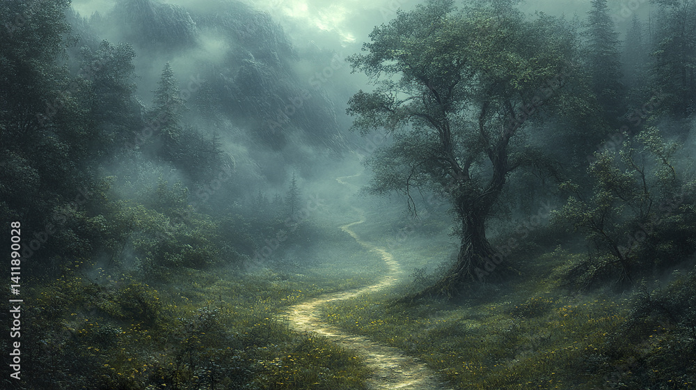 Poster misty forest with winding path and large tree, creating serene atmosphere