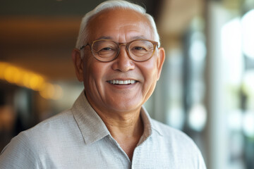 Fototapeta premium Portrait of a smiling elderly man in glasses with ambient background