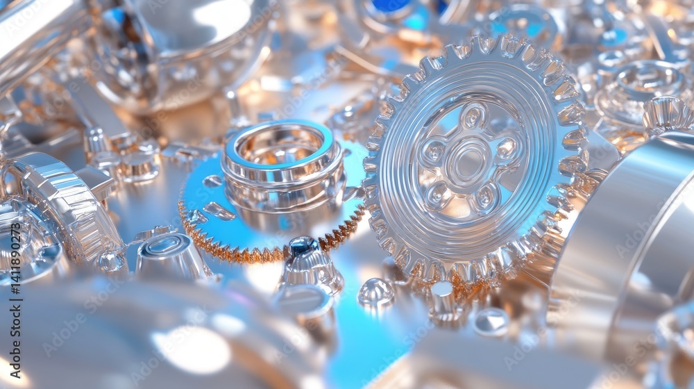 Poster shiny metallic gears and cogs in a pile of various machine parts