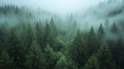 Moody morning in foggy pine forest with layers of mist