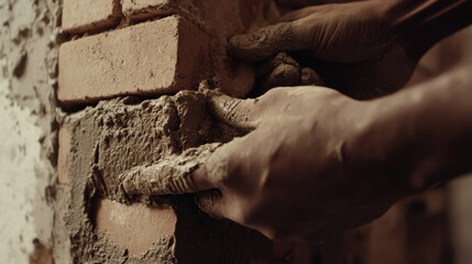 Bricklayer securing the final row of bricks on a residential wall. Featuring craftsmanship and stability