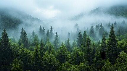 Foggy morning in dense pine forest with misty layers