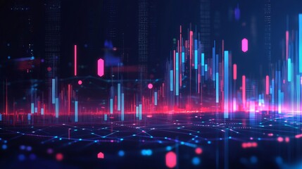 Abstract digital cityscape with vibrant neon data streams and financial charts red bars blue pink