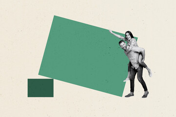 Collage poster of people near big square space on pastel color background