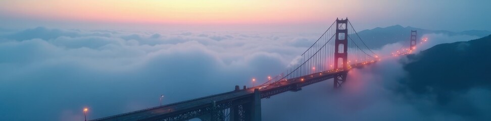 Fototapeta premium Dense fog obscures bridge traffic, early morning , urban, traffic