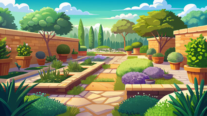 Stone-bordered herb patches in a sunny backyard filled with aromatic scents.