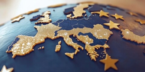 Golden Europe 3D Map of European Union Shining Stars on Dark Background Symbolizing Global Business