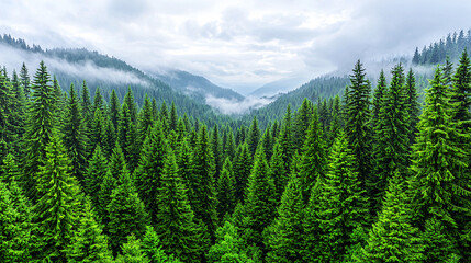Obraz premium Mountain Forest Landscape with Dense Evergreen Trees and Mist in the Valley Panorama View